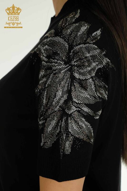 Wholesale Women's Knitwear Sweater Stone Embroidered Black - 30674 | KAZEE