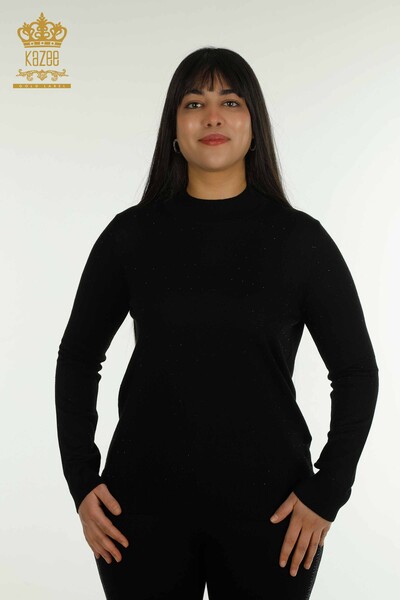 Wholesale Women's Knitwear Sweater Stone Embroidered Black - 30677 | KAZEE - Thumbnail
