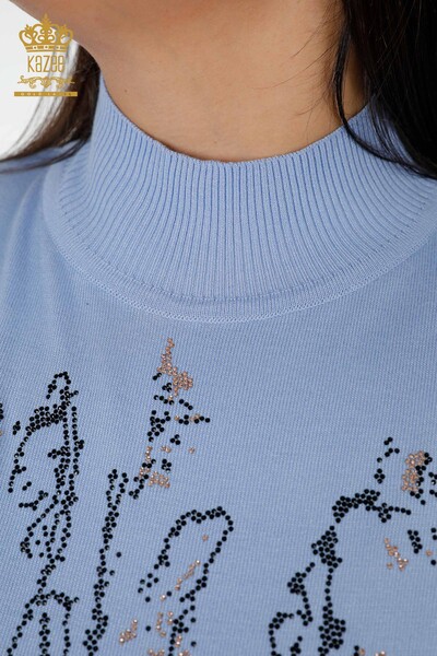 Wholesale Women's Knitwear Sweater Stone Embroidered Blue - 16476 | KAZEE - Thumbnail