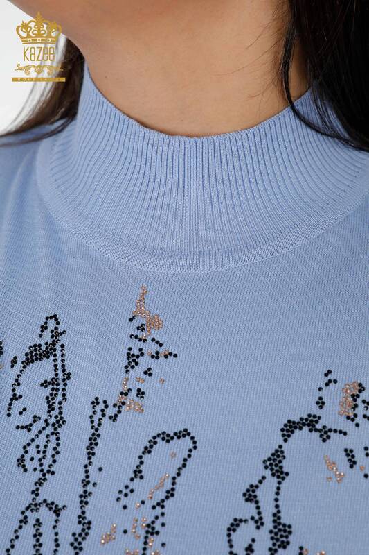Wholesale Women's Knitwear Sweater Stone Embroidered Blue - 16476 | KAZEE