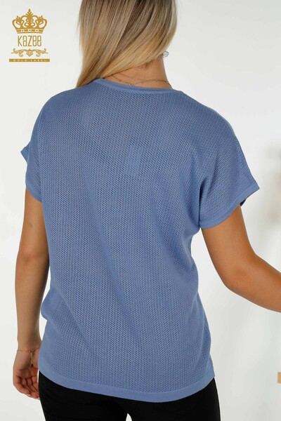 Wholesale Women's Knitwear Sweater Stone Embroidered Blue - 30501 | KAZEE - Thumbnail