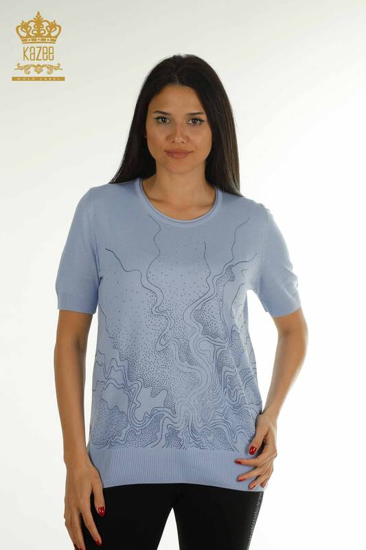 Wholesale Women's Knitwear Sweater Stone Embroidered Blue - 30659 | KAZEE