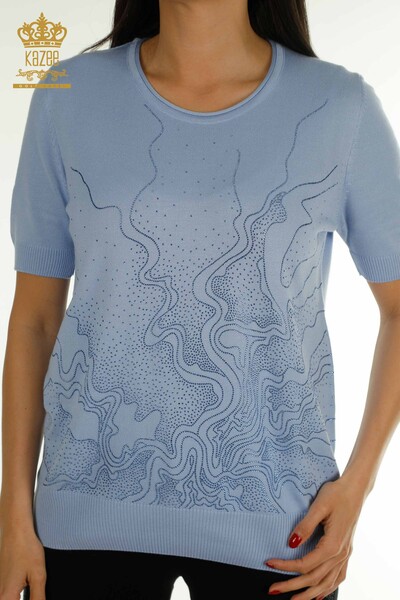 Wholesale Women's Knitwear Sweater Stone Embroidered Blue - 30659 | KAZEE - Thumbnail