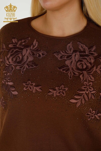 Wholesale Women's Knitwear Sweater Stone Embroidered Brown - 16799 | KAZEE - Thumbnail