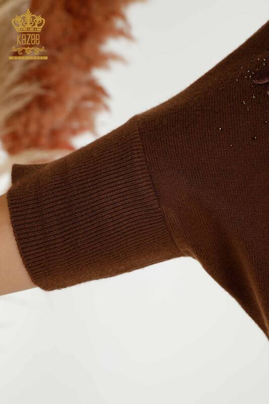 Wholesale Women's Knitwear Sweater Stone Embroidered Brown - 16799 | KAZEE