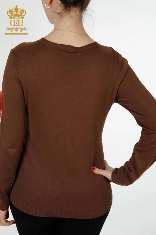 Wholesale Women's Knitwear Sweater Stone Embroidered Brown - 16940 | KAZEE