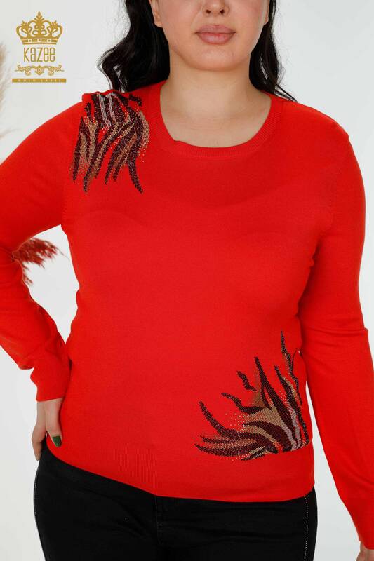 Wholesale Women's Knitwear Sweater Stone Embroidered Coral - 16940 | KAZEE