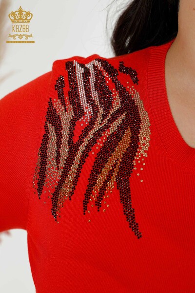 Wholesale Women's Knitwear Sweater Stone Embroidered Coral - 16940 | KAZEE - Thumbnail