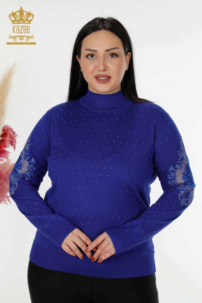 Wholesale Women's Knitwear Sweater Stone Embroidered Dark Blue - 30014 | KAZEE - 1