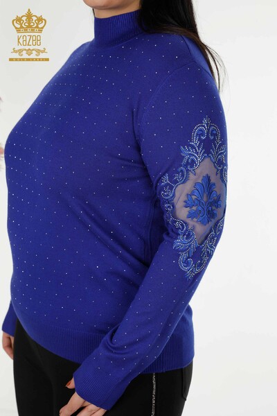 Wholesale Women's Knitwear Sweater Stone Embroidered Dark Blue - 30014 | KAZEE - 2