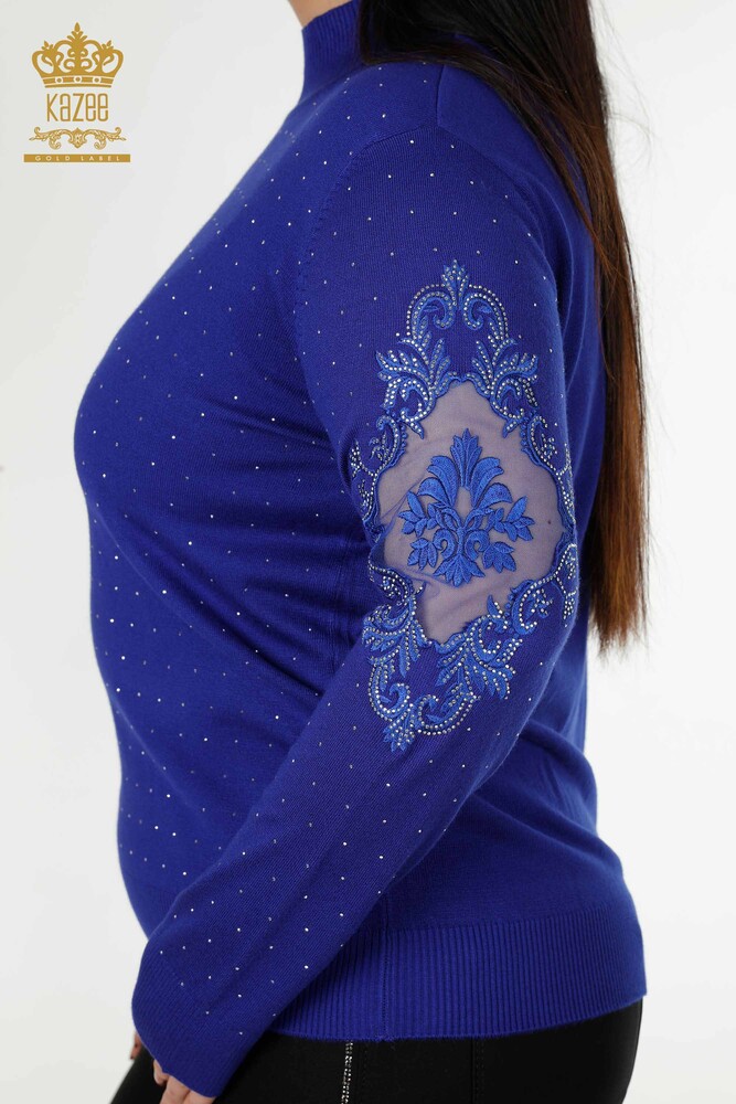 Wholesale Women's Knitwear Sweater Stone Embroidered Dark Blue - 30014 | KAZEE - 5