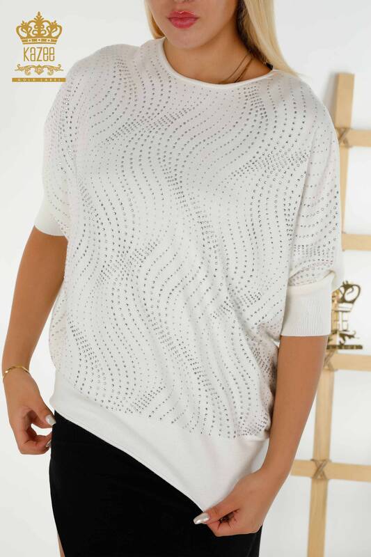 Wholesale Women's Knitwear Sweater Stone Embroidered Ecru - 16797 | KAZEE