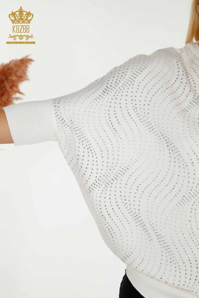 Wholesale Women's Knitwear Sweater Stone Embroidered Ecru - 16797 | KAZEE - Thumbnail