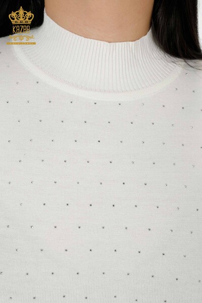 Wholesale Women's Knitwear Sweater Stone Embroidered Ecru - 30014 | KAZEE - Thumbnail