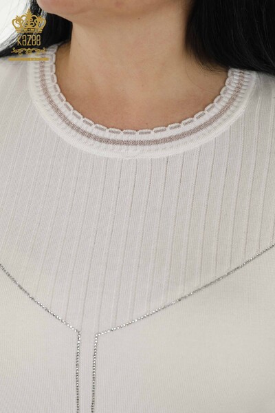 Wholesale Women's Knitwear Sweater - Stone Embroidered - Ecru - 30080 | KAZEE - Thumbnail