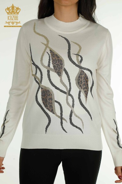 Wholesale Women's Knitwear Sweater Stone Embroidered Ecru - 30096 | KAZEE - Thumbnail