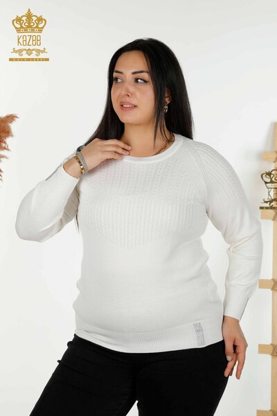 Wholesale Women's Knitwear Sweater Stone Embroidered Ecru - 30104 | KAZEE - Thumbnail