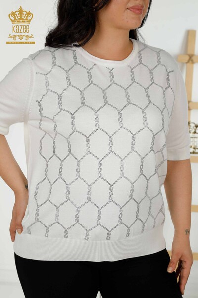 Wholesale Women's Knitwear Sweater Stone Embroidered Ecru - 30317 | KAZEE - Thumbnail