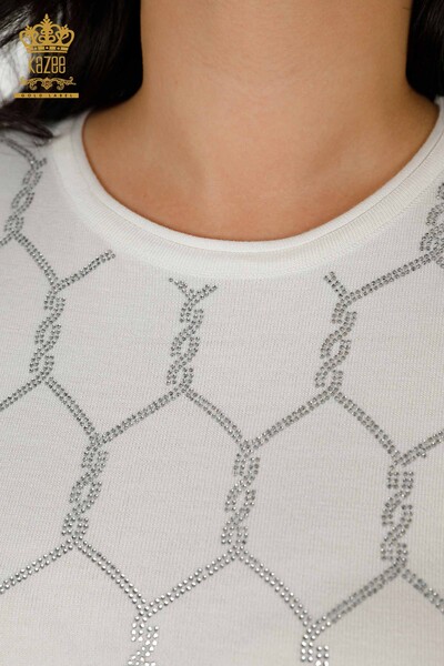 Wholesale Women's Knitwear Sweater Stone Embroidered Ecru - 30317 | KAZEE - Thumbnail