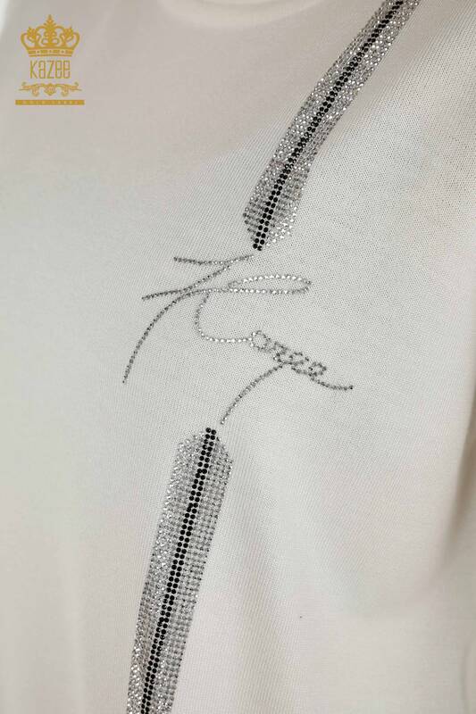 Wholesale Women's Knitwear Sweater - Stone Embroidered - Ecru - 30333 | KAZEE