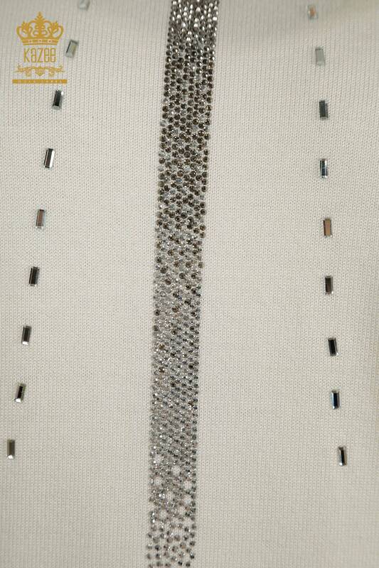 Wholesale Women's Knitwear Sweater Stone Embroidered Ecru - 30460 | KAZEE