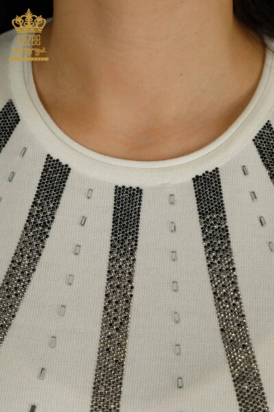 Wholesale Women's Knitwear Sweater Stone Embroidered Ecru - 30460 | KAZEE - Thumbnail
