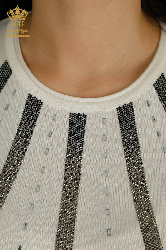 Wholesale Women's Knitwear Sweater Stone Embroidered Ecru - 30460 | KAZEE