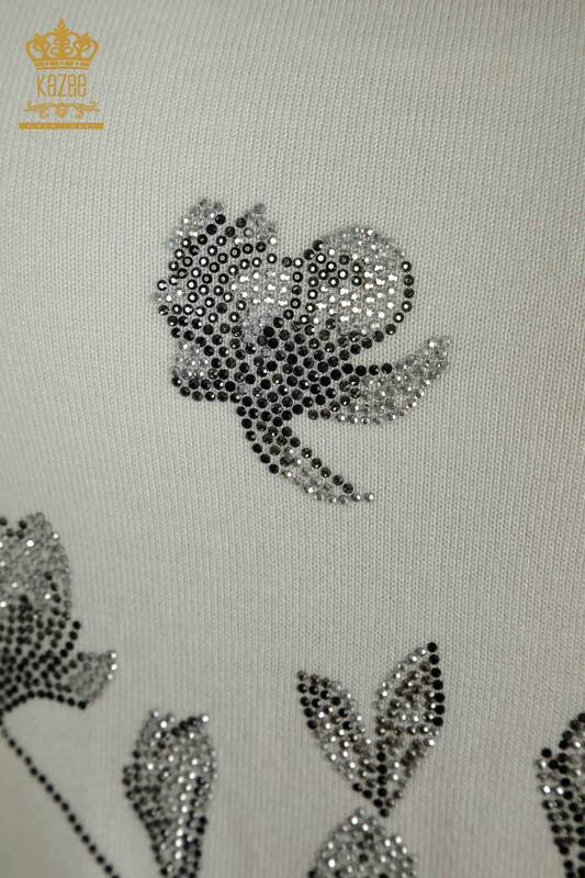 Wholesale Women's Knitwear Sweater - Stone Embroidered - Ecru - 30471 | KAZEE