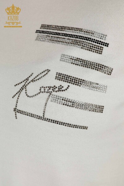 Wholesale Women's Knitwear Sweater Stone Embroidered Ecru - 30491 | KAZEE - Thumbnail
