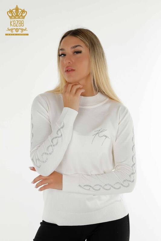 Wholesale Women's Knitwear Sweater Stone Embroidered Ecru - 30553 | KAZEE