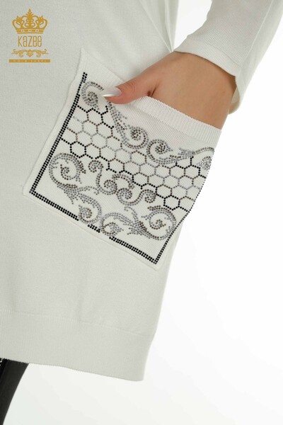 Wholesale Women's Knitwear Sweater Stone Embroidered Ecru - 30601 | KAZEE - Thumbnail