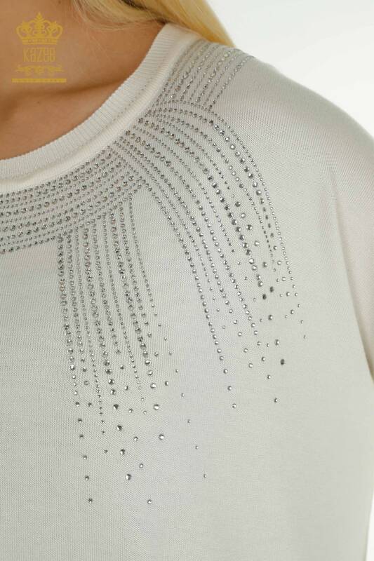 Wholesale Women's Knitwear Sweater Stone Embroidered Ecru - 30623 | KAZEE