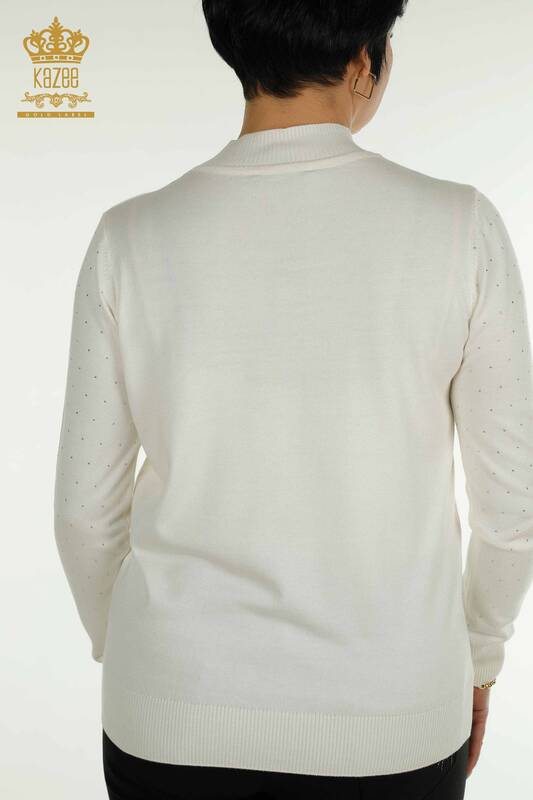 Wholesale Women's Knitwear Sweater Stone Embroidered Ecru - 30677 | KAZEE