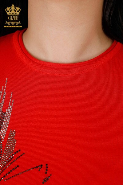 Wholesale Women's Knitwear Sweater Stone Embroidered Floral Pattern Coral - 16907 | KAZEE - 4