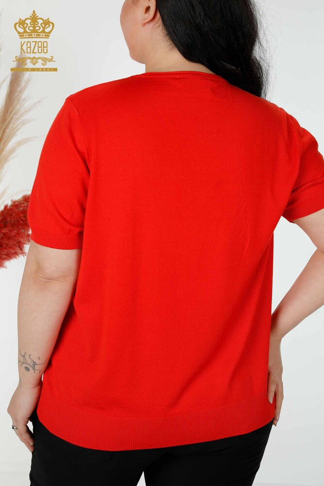 Wholesale Women's Knitwear Sweater Stone Embroidered Floral Pattern Coral - 16907 | KAZEE - 6