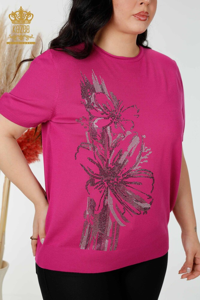 Wholesale Women's Knitwear Sweater Stone Embroidered Floral Pattern Fuchsia - 16907 | KAZEE - 2