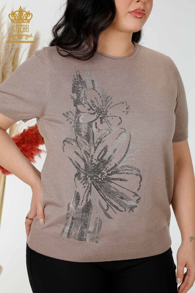 Wholesale Women's Knitwear Sweater Stone Embroidered Floral Pattern Mink - 16907 | KAZEE - 2