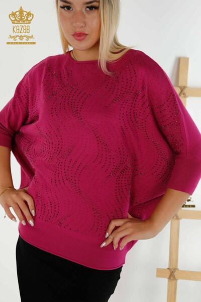 Wholesale Women's Knitwear Sweater Stone Embroidered Fuchsia - 16797 | KAZEE - Thumbnail