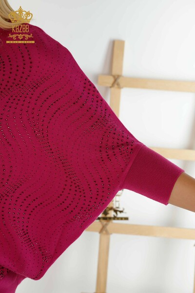 Wholesale Women's Knitwear Sweater Stone Embroidered Fuchsia - 16797 | KAZEE - Thumbnail