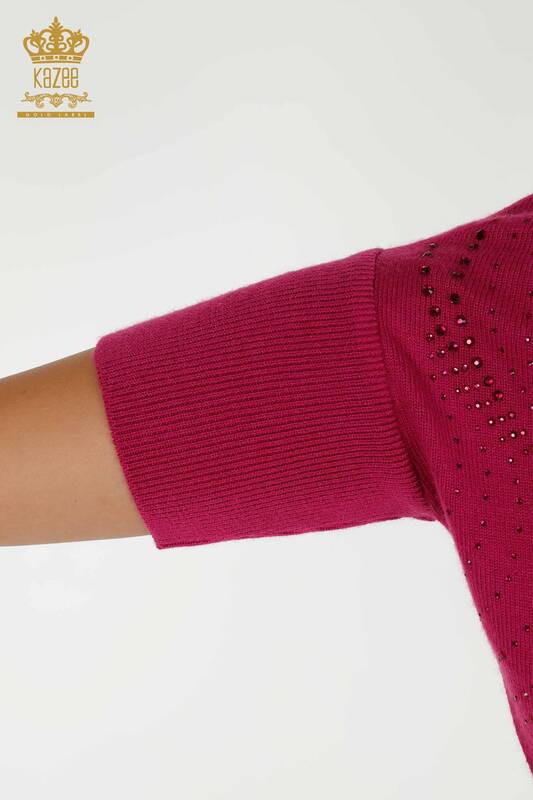 Wholesale Women's Knitwear Sweater Stone Embroidered Fuchsia - 16797 | KAZEE
