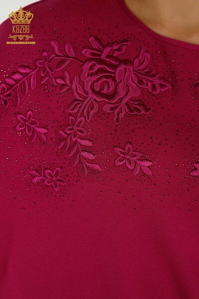 Wholesale Women's Knitwear Sweater Stone Embroidered Fuchsia - 16799 | KAZEE - Thumbnail (2)