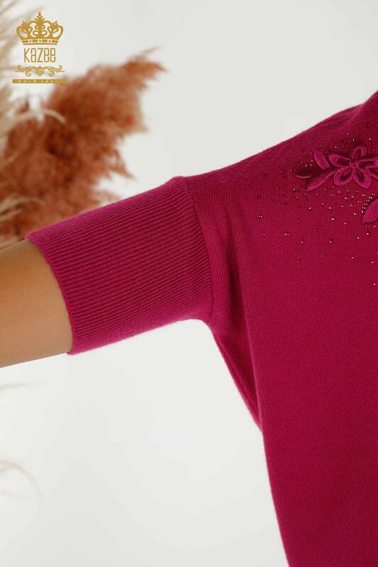 Wholesale Women's Knitwear Sweater Stone Embroidered Fuchsia - 16799 | KAZEE