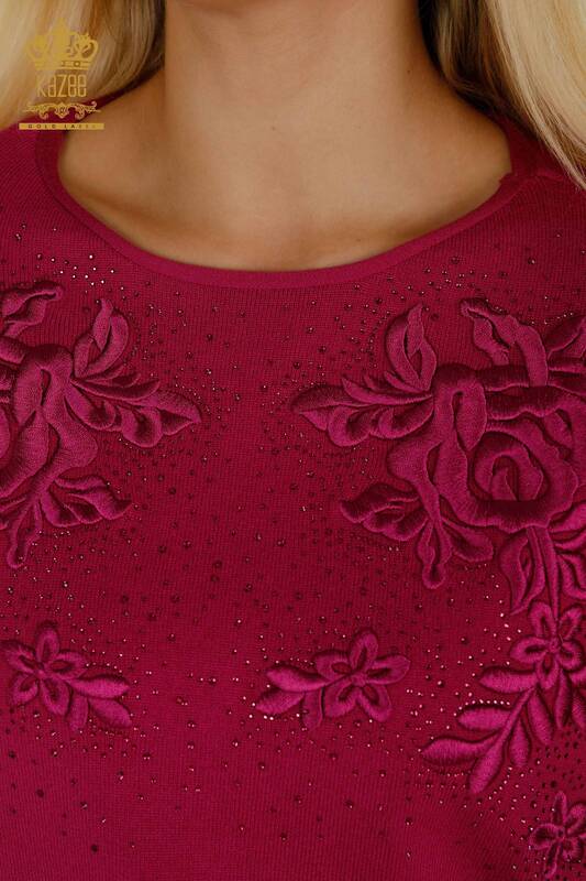 Wholesale Women's Knitwear Sweater Stone Embroidered Fuchsia - 16799 | KAZEE