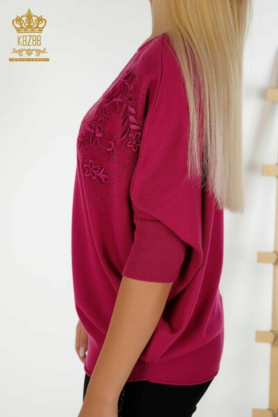 Wholesale Women's Knitwear Sweater Stone Embroidered Fuchsia - 16799 | KAZEE - Thumbnail