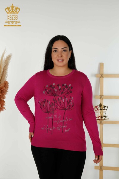 Wholesale Women's Knitwear Sweater - Stone Embroidered - Fuchsia - 30156 | KAZEE - Thumbnail