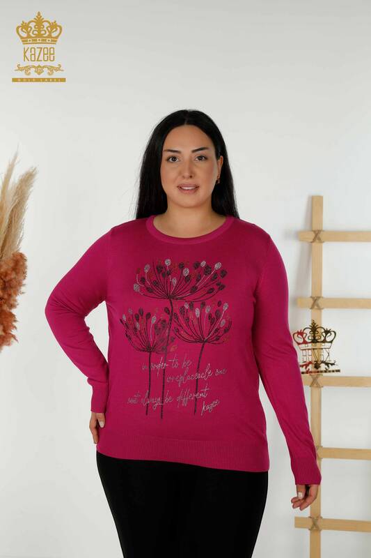 Wholesale Women's Knitwear Sweater - Stone Embroidered - Fuchsia - 30156 | KAZEE