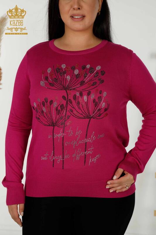Wholesale Women's Knitwear Sweater - Stone Embroidered - Fuchsia - 30156 | KAZEE