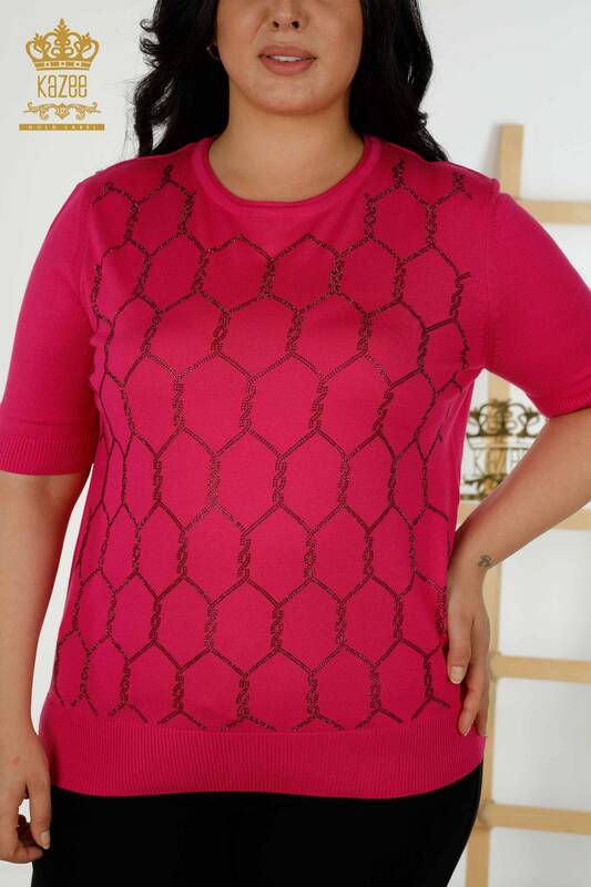 Wholesale Women's Knitwear Sweater Stone Embroidered Fuchsia - 30317 | KAZEE