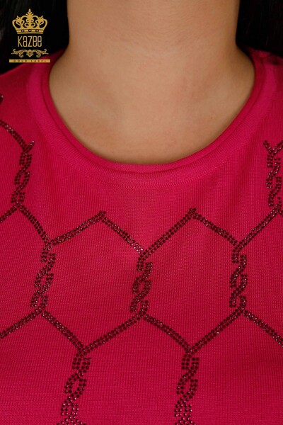Wholesale Women's Knitwear Sweater Stone Embroidered Fuchsia - 30317 | KAZEE - Thumbnail