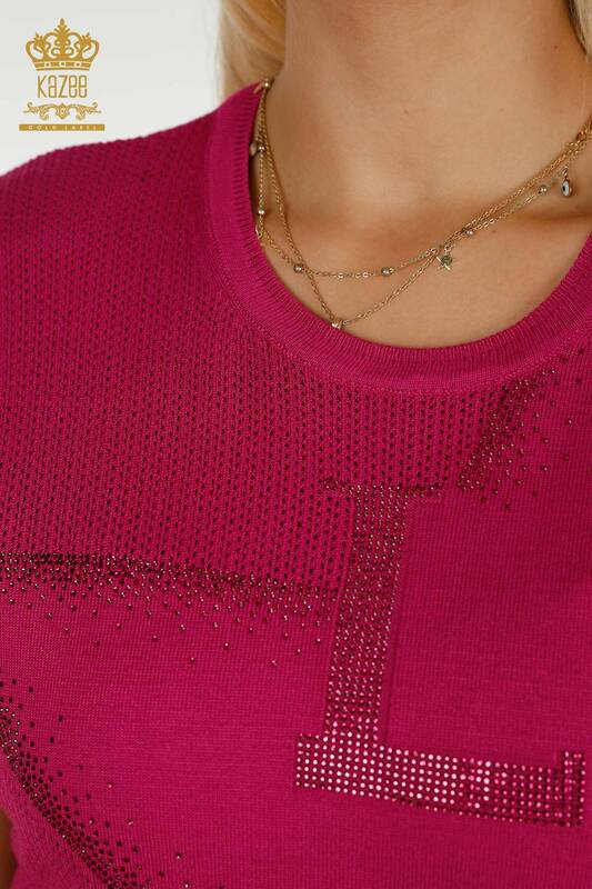 Wholesale Women's Knitwear Sweater Stone Embroidered Fuchsia - 30501 | KAZEE